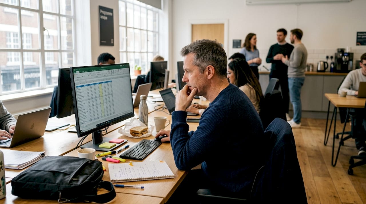 Consultant reviewing website audit in coworking space