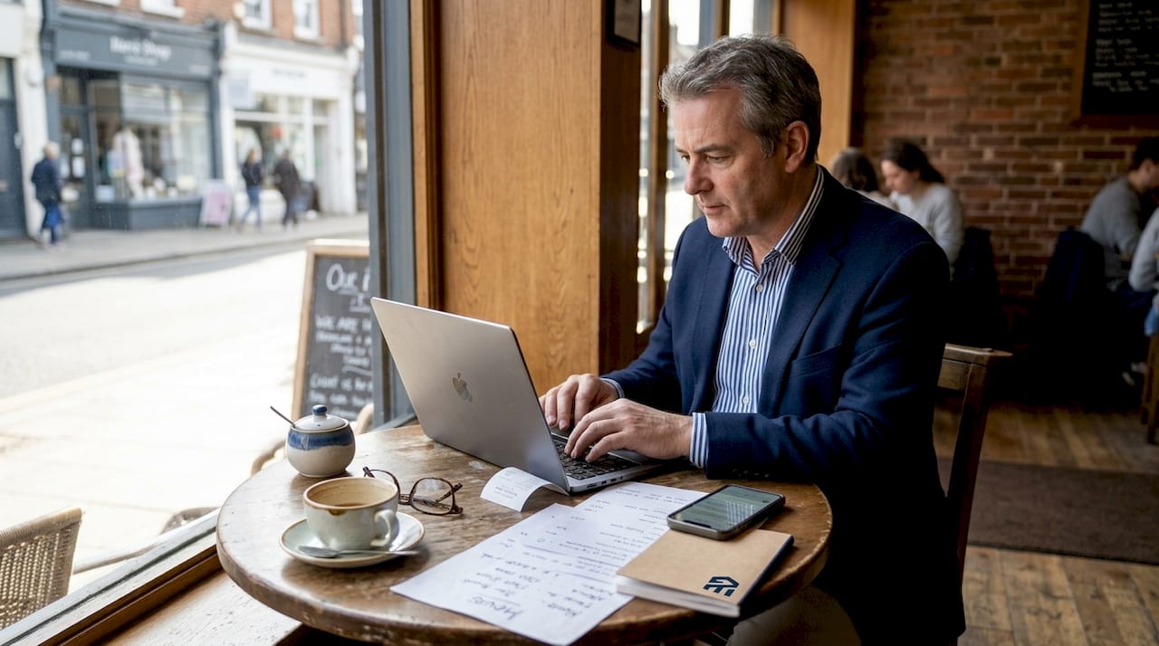 Business owner updates Google Business Profile in café