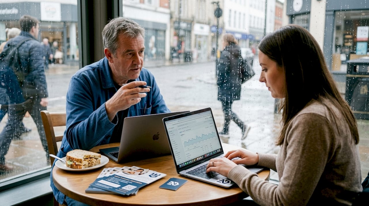 Small business owner meets SEO consultant in café