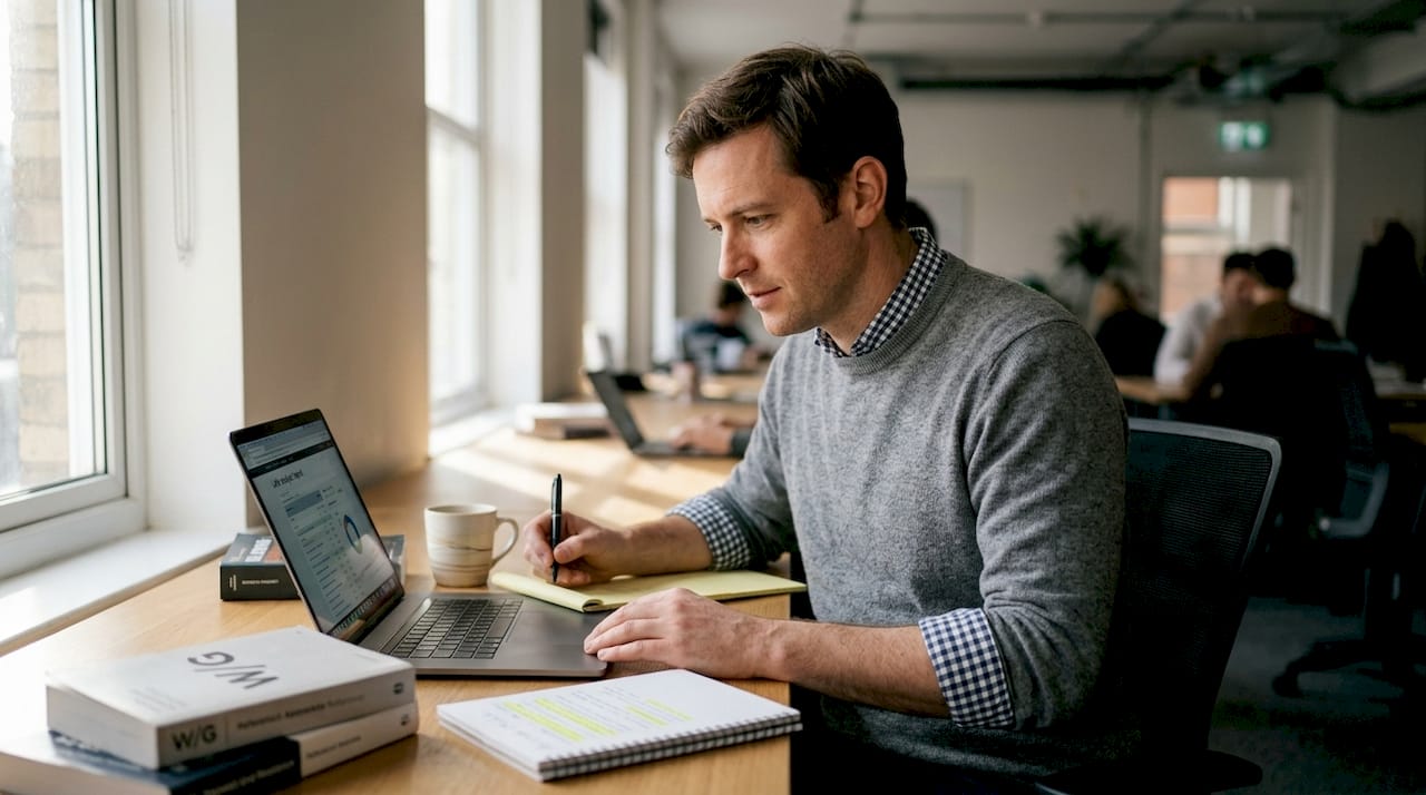 Marketer reviewing link building report at desk