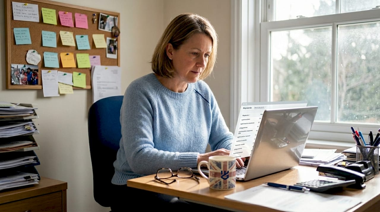 Small business owner researching SEO keywords