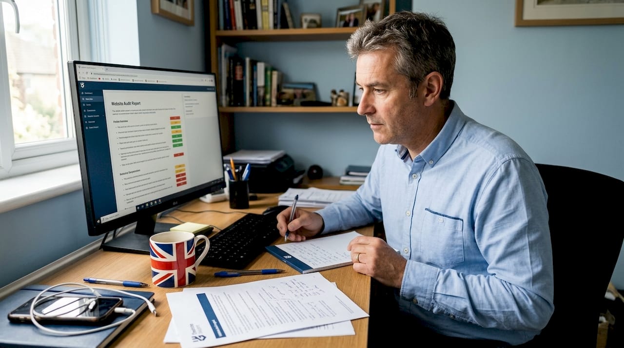 Business owner reviewing website audit report