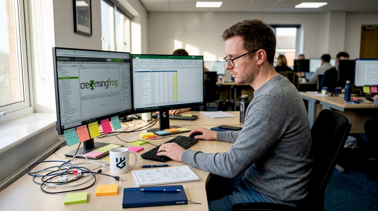 Marketer running technical SEO audit in office