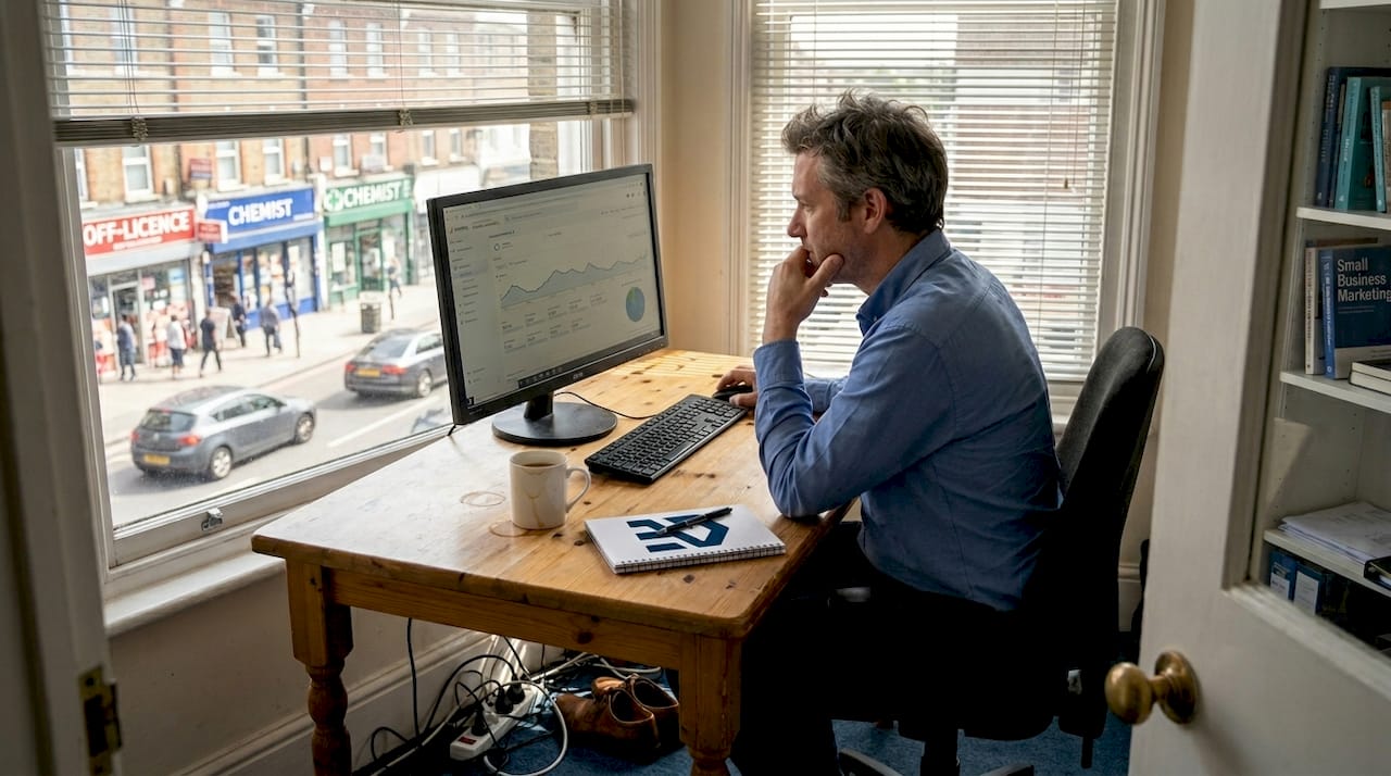 UK business owner checking website analytics