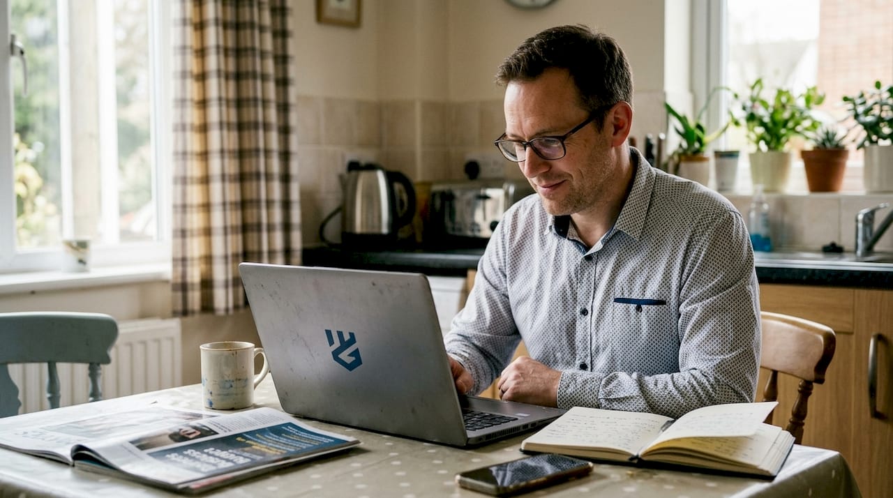 Business owner researching SEO at kitchen table