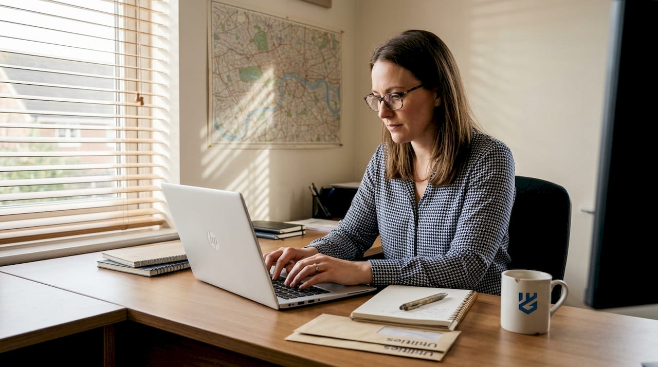 Woman updating business listings at home desk
