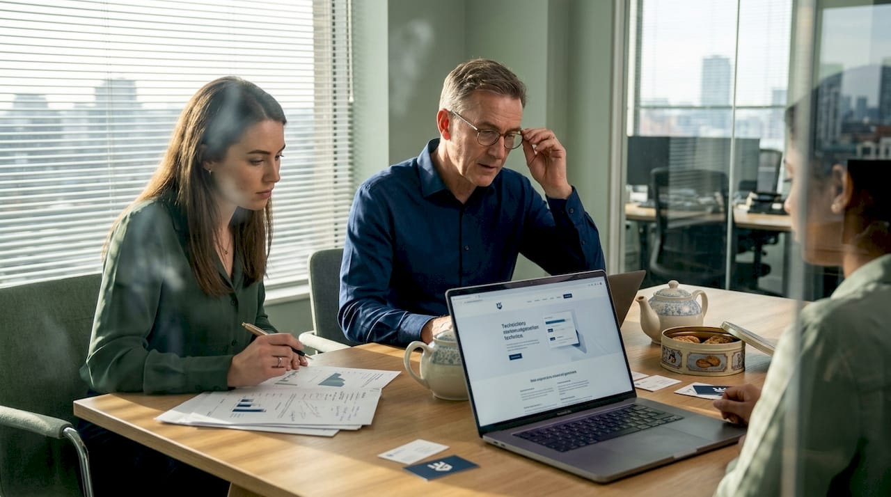 Business team reviewing website together in meeting room