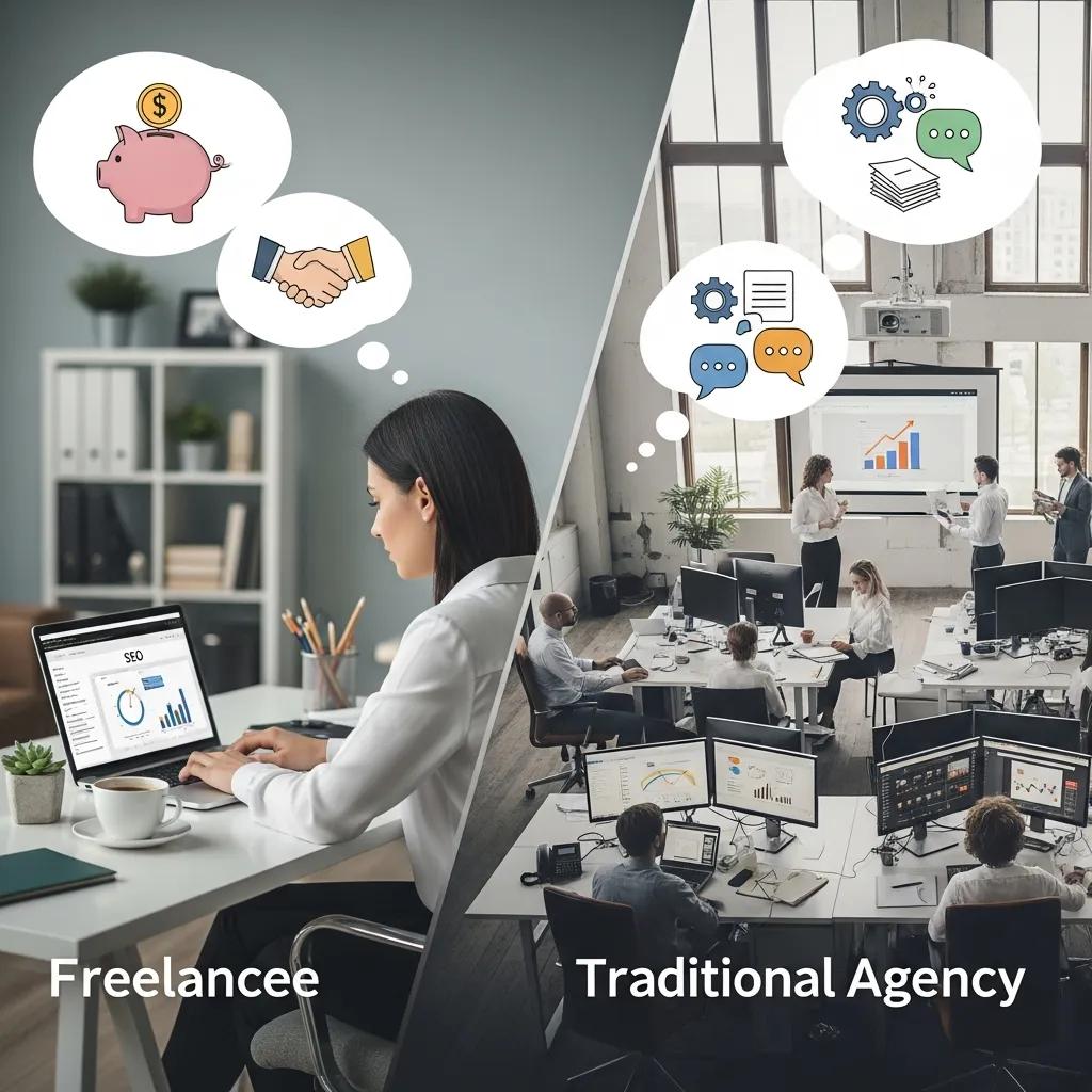 Comparison of freelance SEO consultant working alone versus a busy SEO agency office