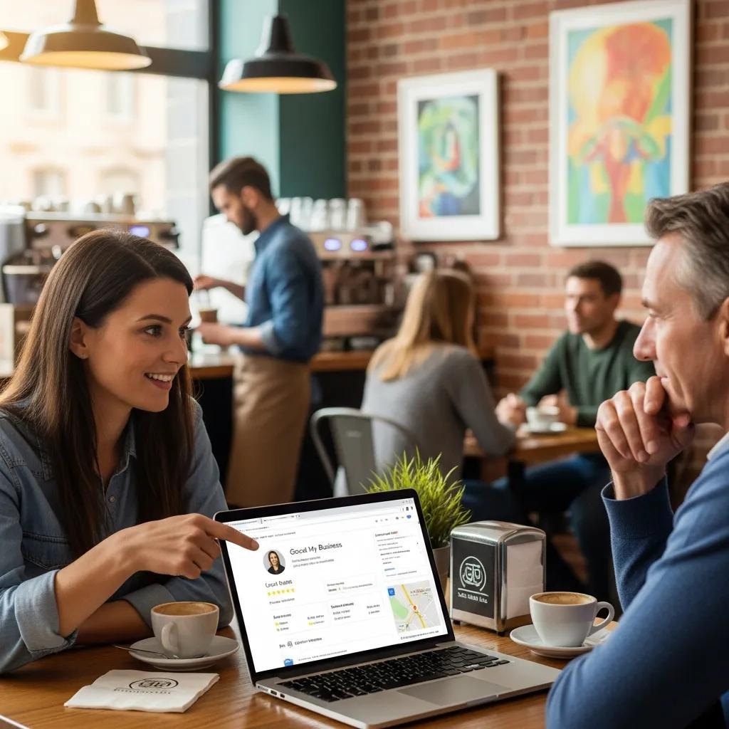 Freelance SEO consultant discussing local SEO strategies with a small business owner in a café