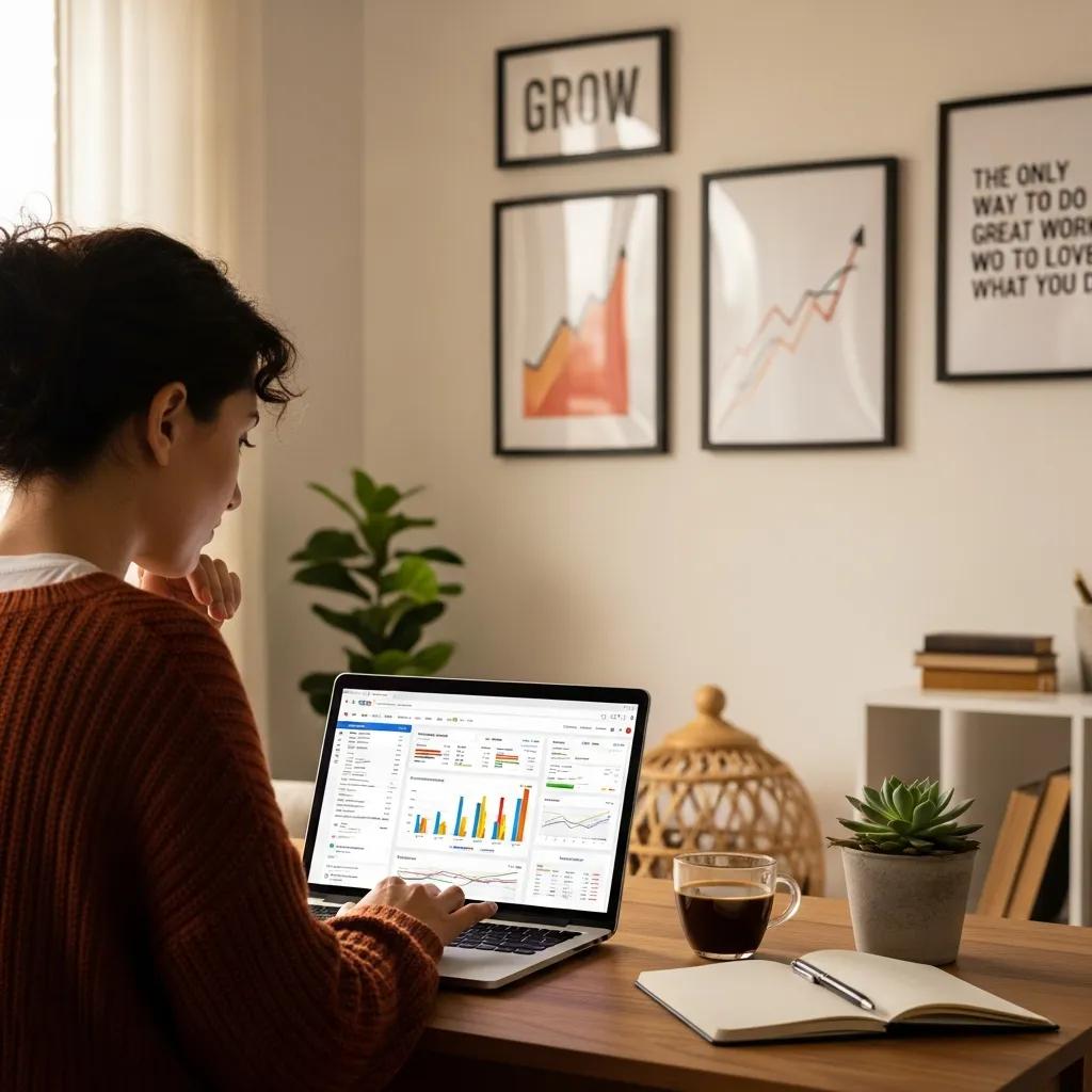 Freelance SEO consultant working in a cozy home office with SEO elements on the laptop screen