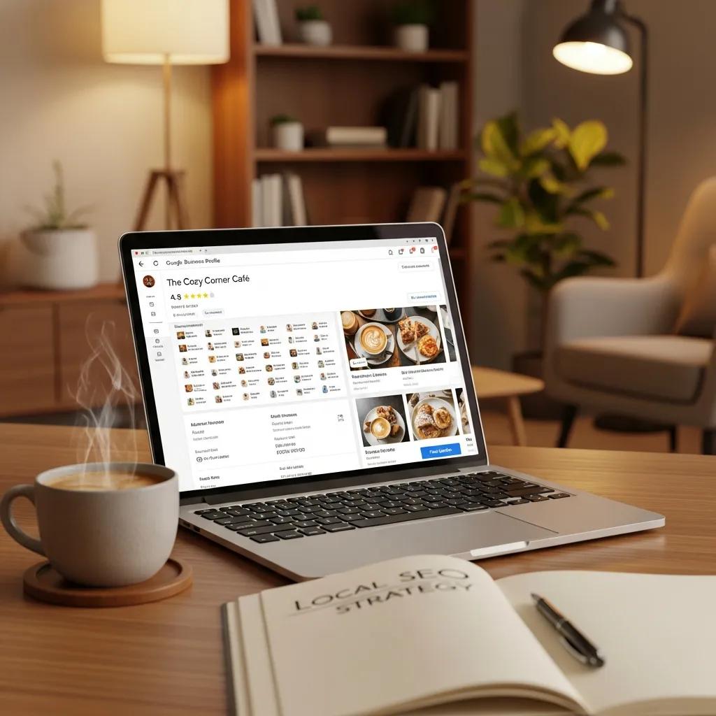 Google Business Profile interface on a laptop in a cozy office, representing local SEO optimization