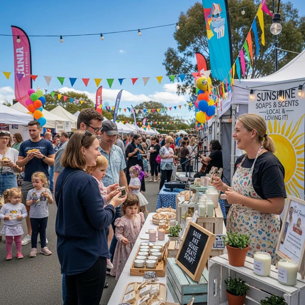 Local business owner engaging with community members at a festival, highlighting community involvement for local SEO