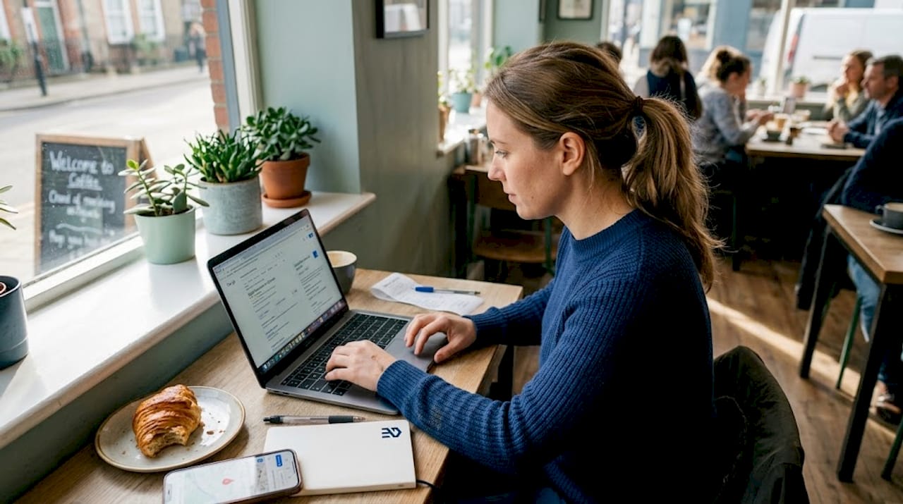 Business owner reviewing Google Maps profile in caf&eacute;