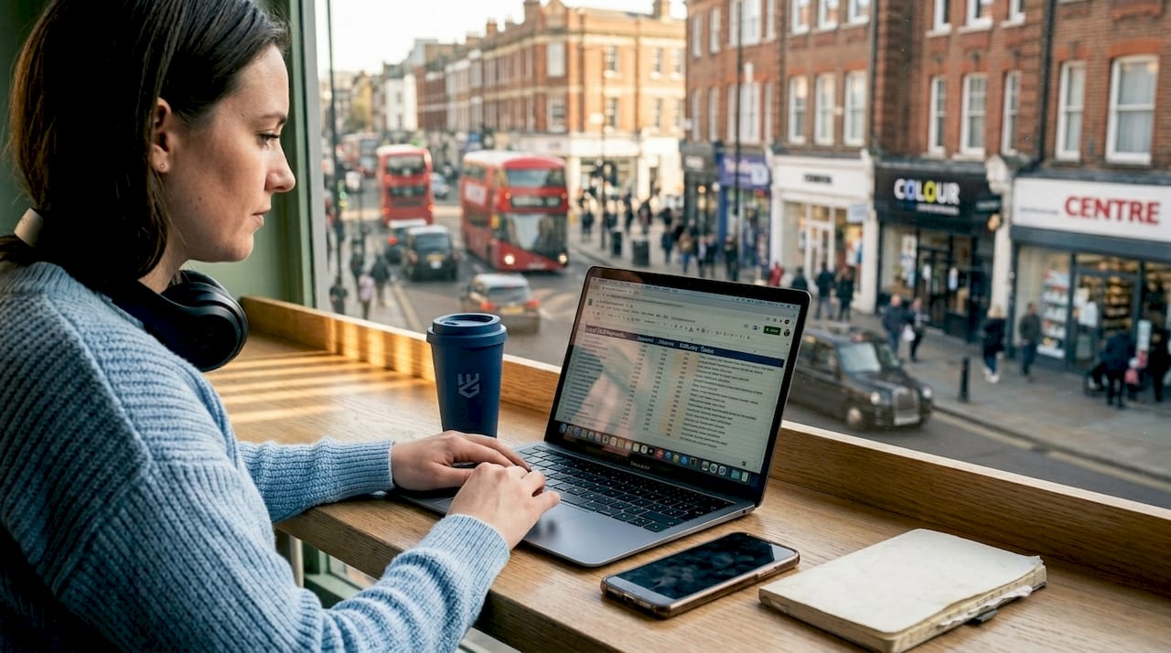 Marketer researching local SEO keywords in café