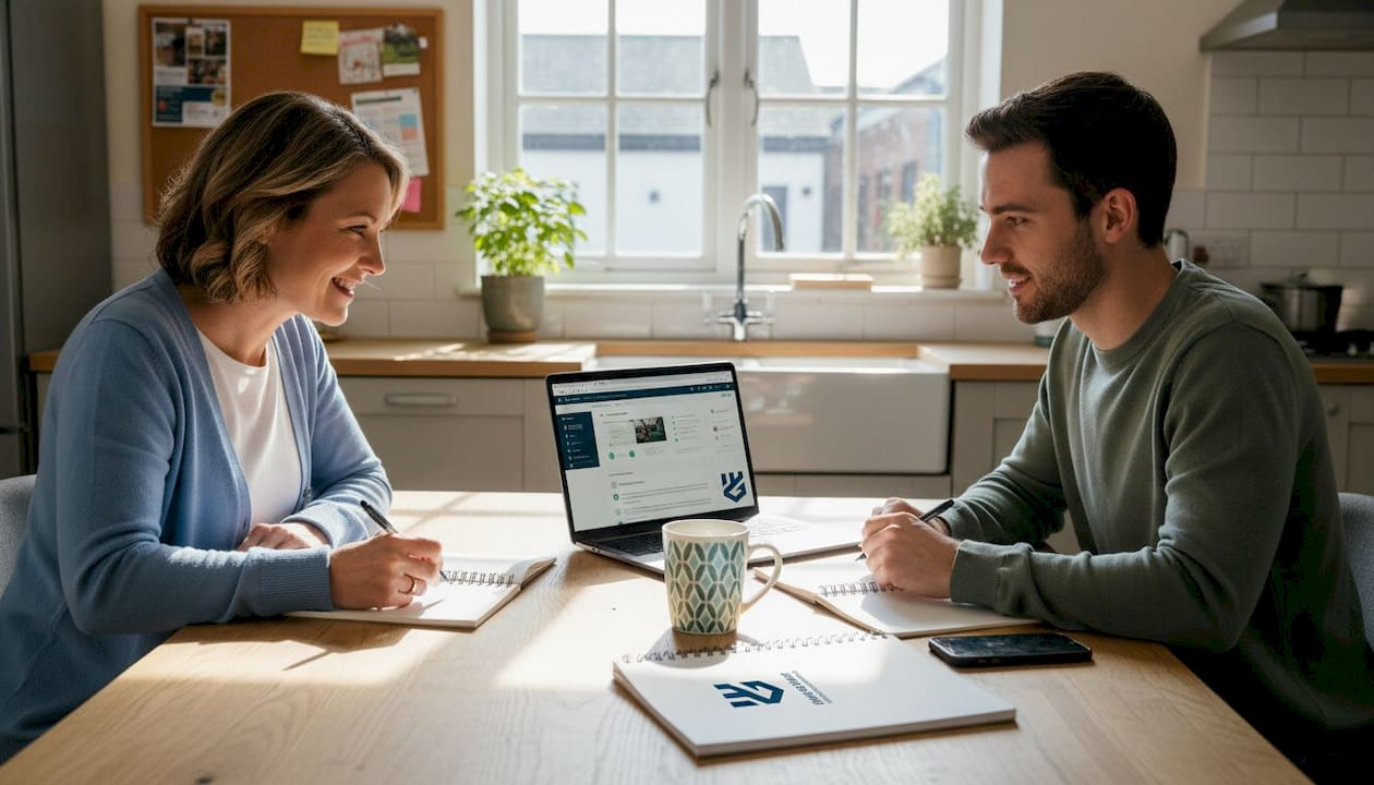 Family members discuss business at kitchen table