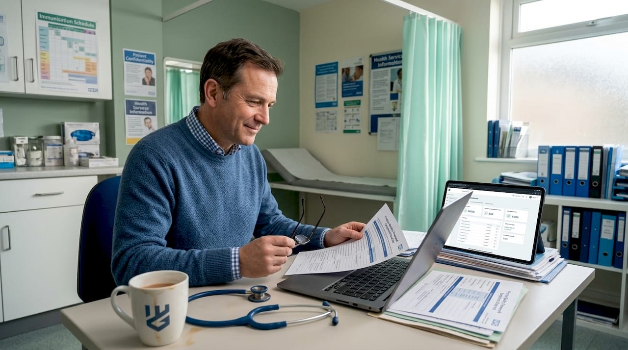 GP reviews compliance checklist in surgery office