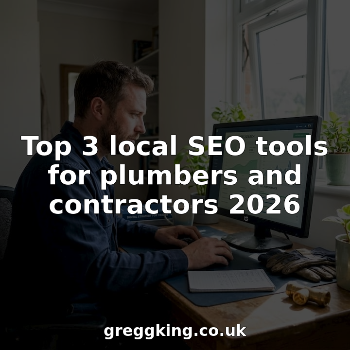 Plumber checks SEO dashboard at home office desk