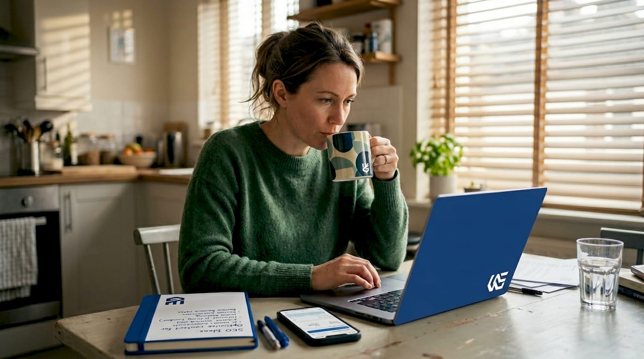Business owner updating website at kitchen table