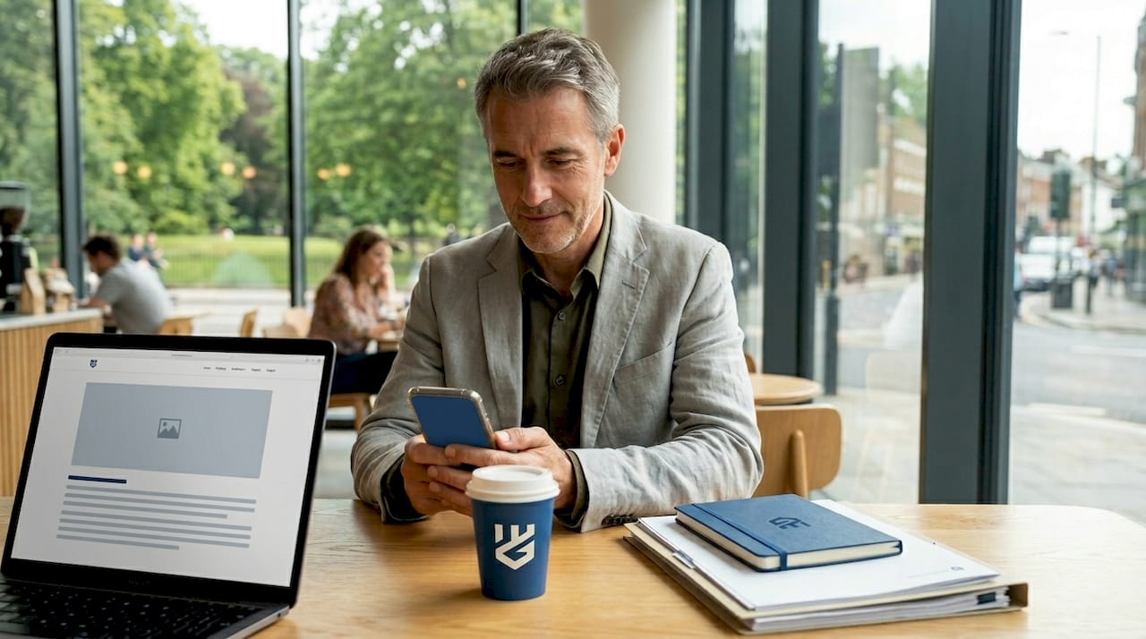 Businessman checking mobile website in city office