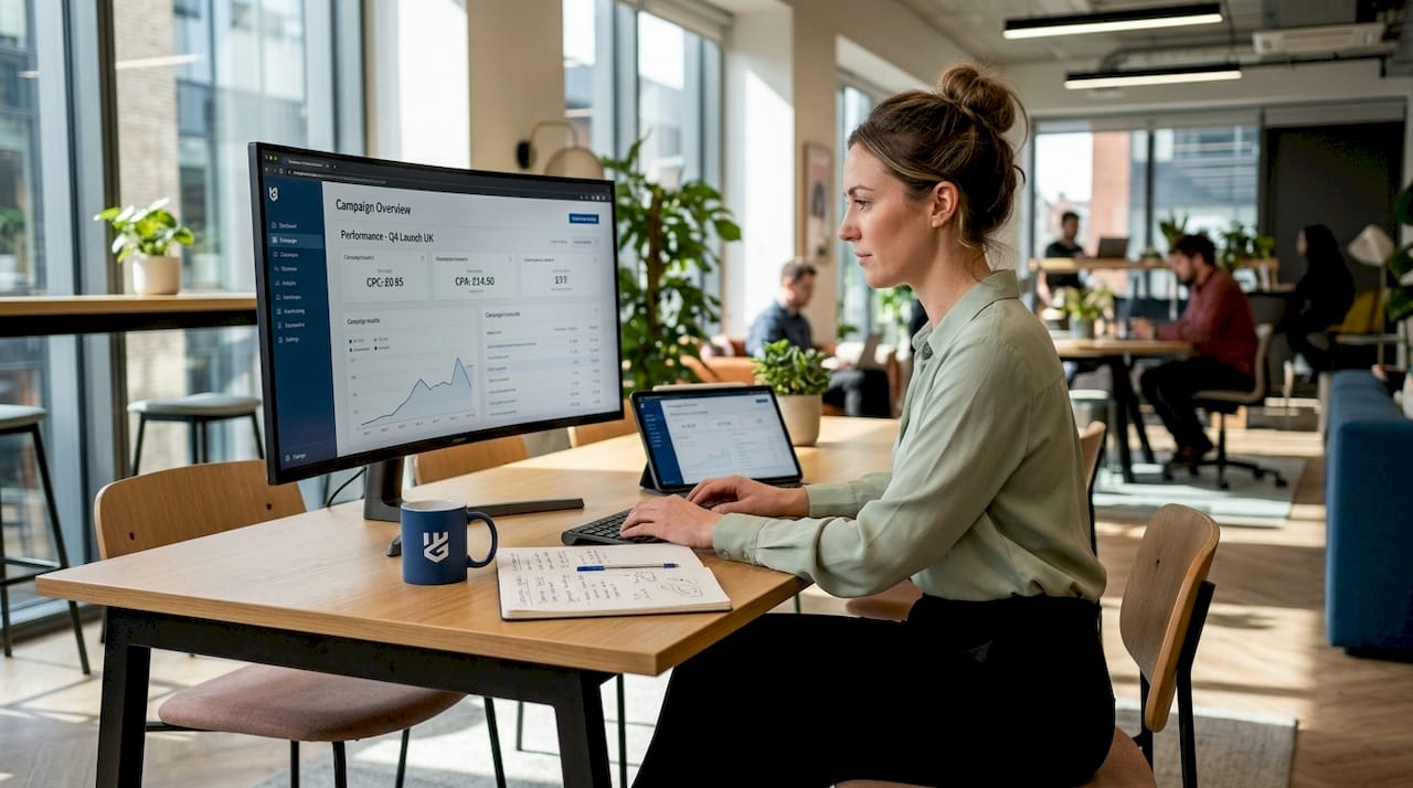 Digital marketer reviews campaign results in office