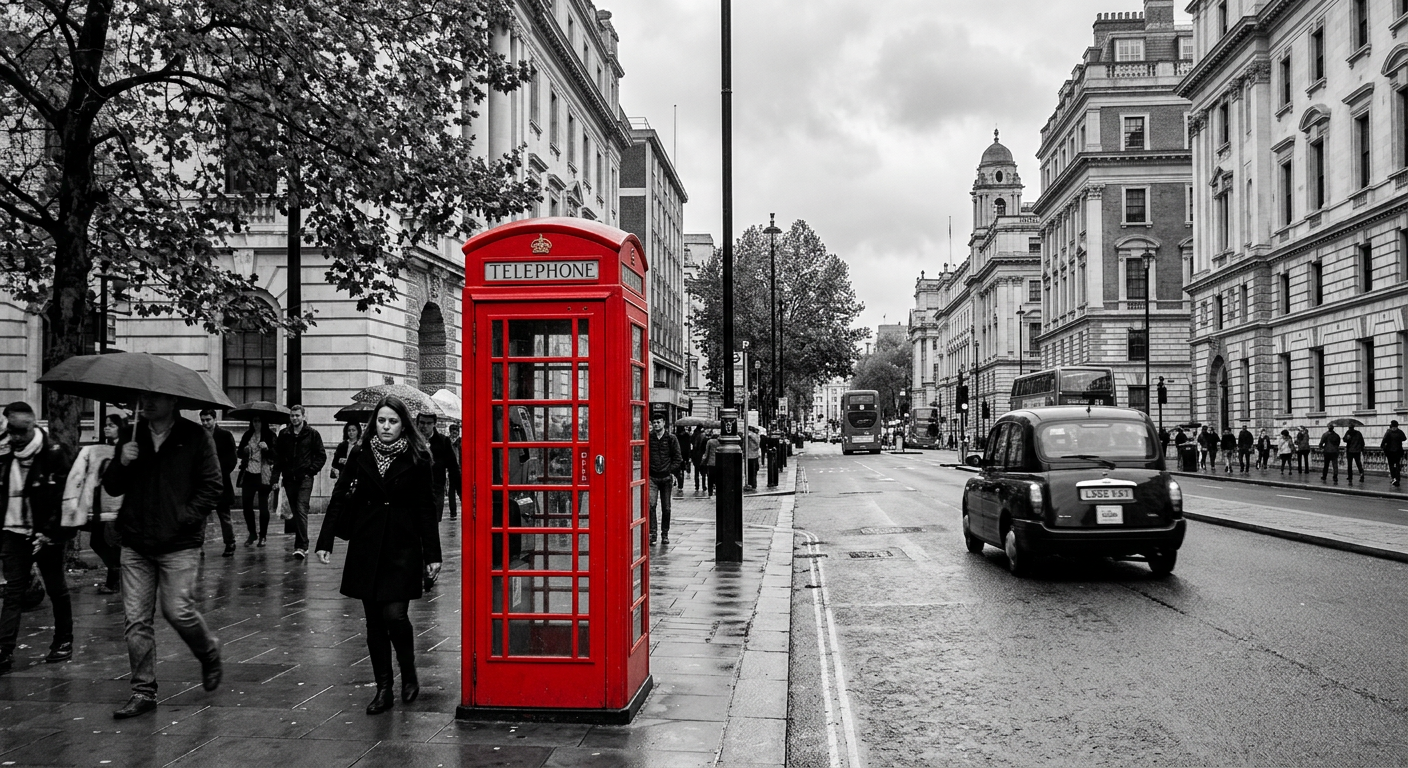 Red telephone box on a rainy London street with black cabs and a double-decker bus