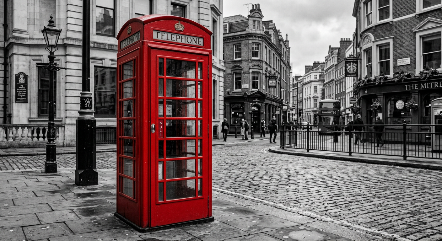 Red telephone box on a cobbled street with stone buildings and a London bus passing