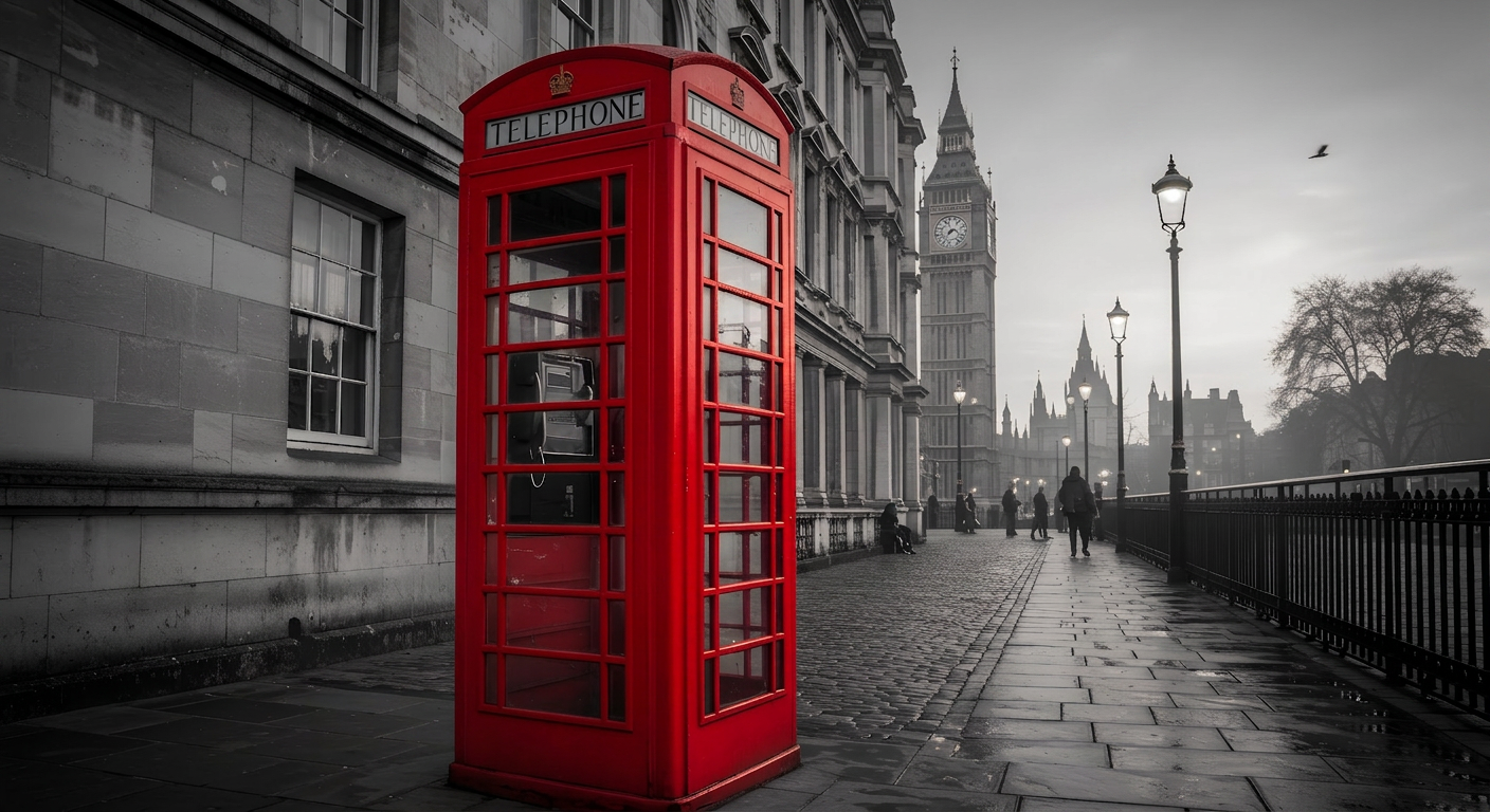 Red telephone box at Westminster Bridge with Big Ben in the misty distance
