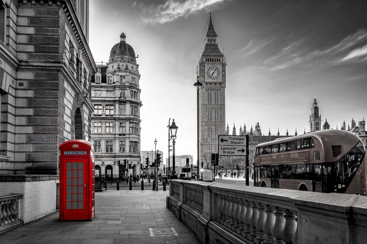 Red telephone box and London double-decker bus beneath Big Ben at Westminster