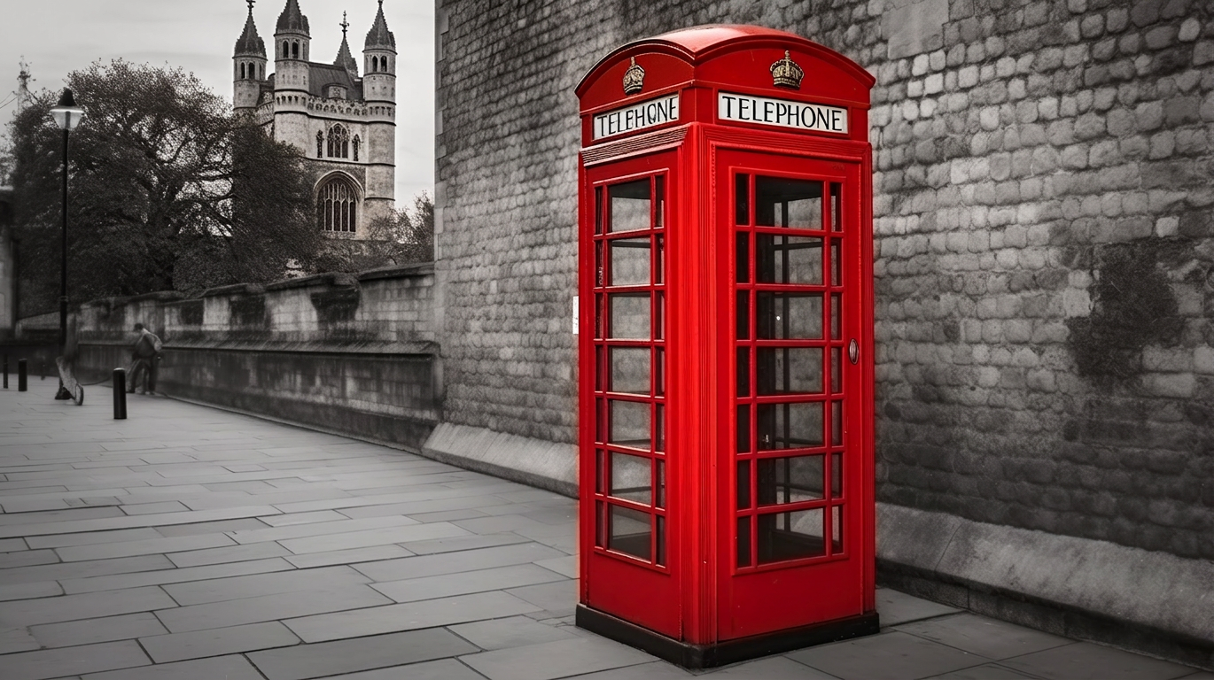 Red telephone box on a cobbled lane beside a stone cathedral wall in a quiet city